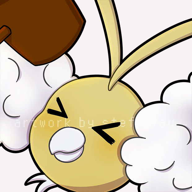 stefimBonk, shiny Swablu emote An emote of the Pokémon Swablu in shiny form, with closed eyes and being gently hit on the head with a wooden hammer, scattering white fluff